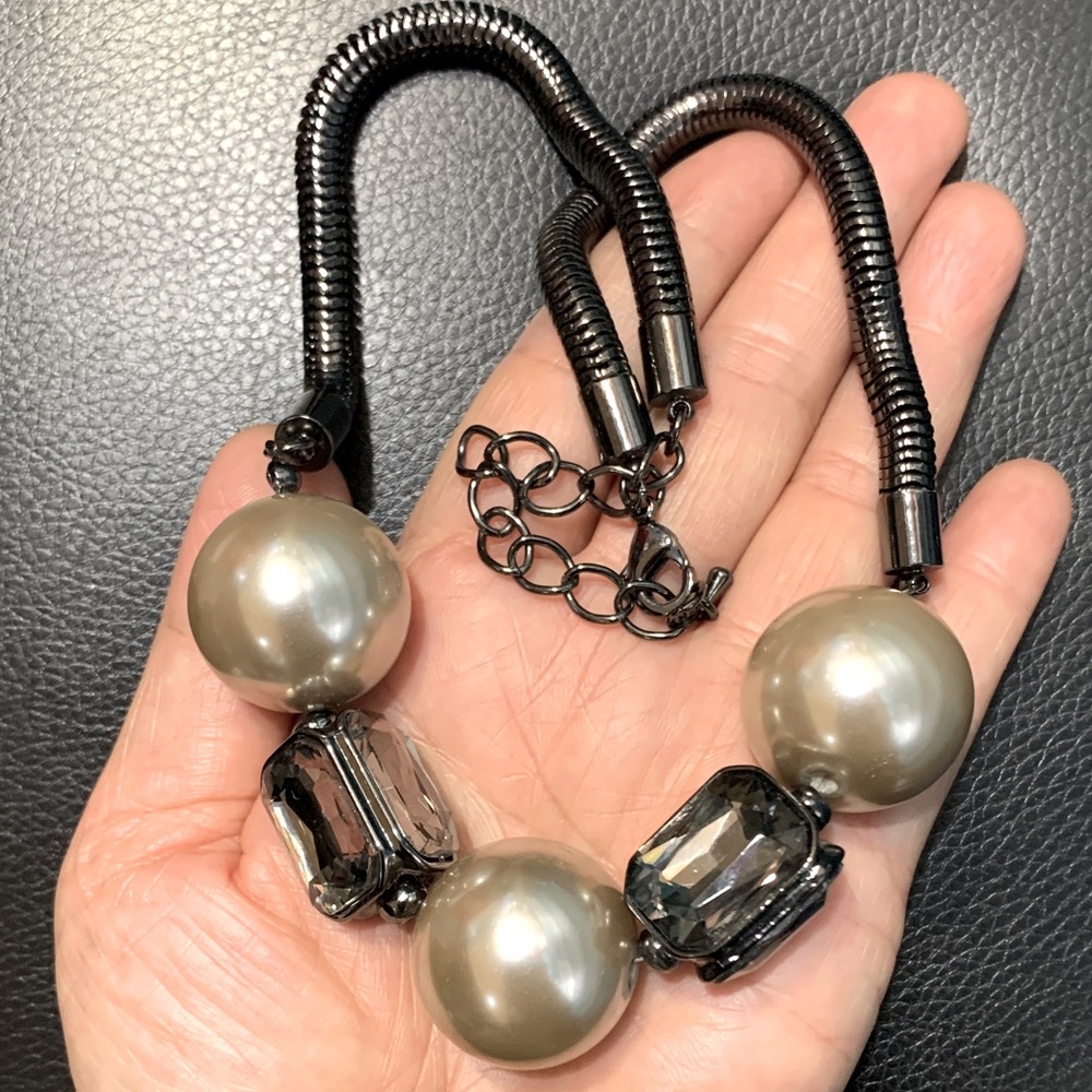 Vintage Gun‑metal Snake Chain Faux Pearl Crystal Statement Choker Necklace #343